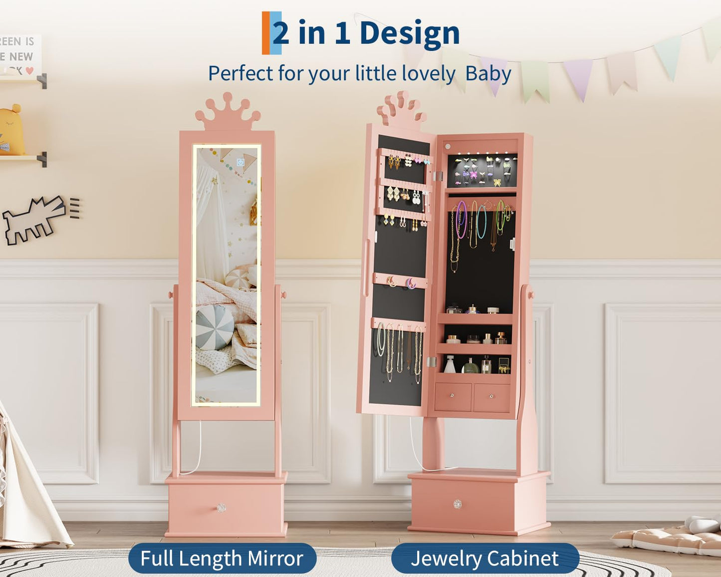 GarveeHome Kids Jewelry Armoire,Child Jewelry Cabinet with Led Light,Freestanding Jewelry Organizer with Full-Length Mirror,3 Storage Drawers,Kids Vanity Dress Up Jewelry Cabinet for Girls（light Pink