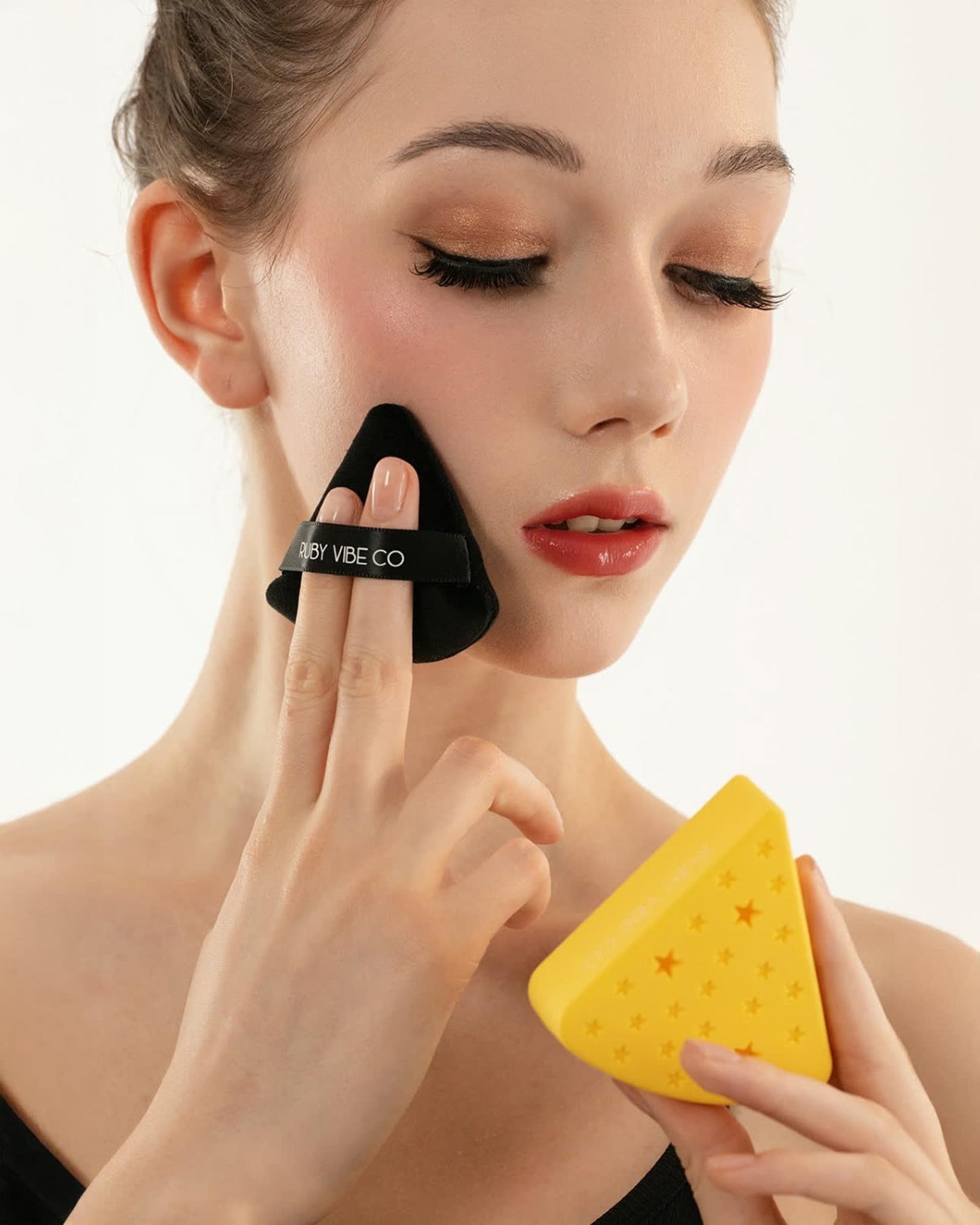 RubyVelvet Powder Puff with Silicone Case, Ultra-Soft Crystal Velvet, Black Puff with Brown Case, Latex-Free, for Loose or Pressed Powder Application | RUBY VIBE CO