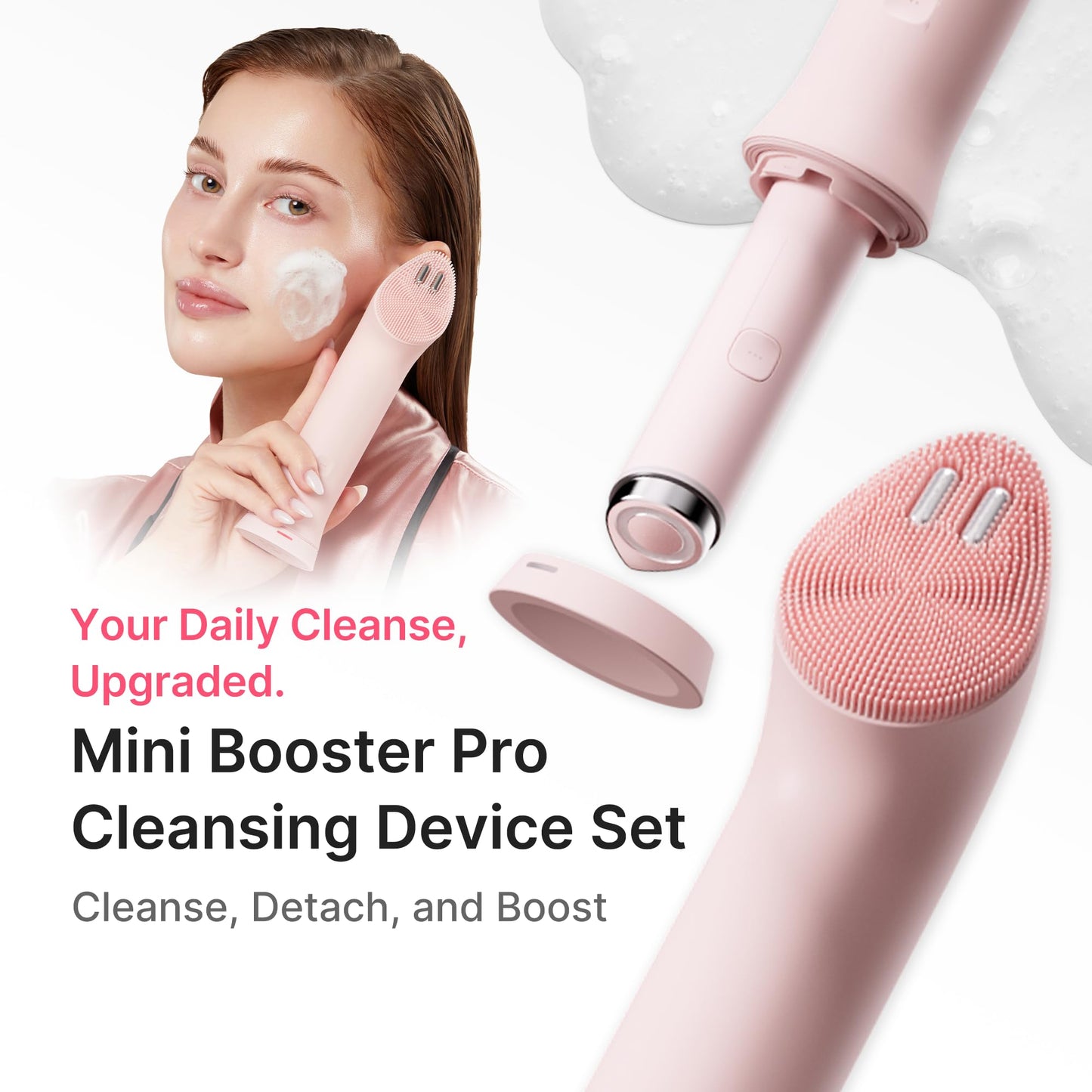 medicube Mini Booster Pro Plus Cleansing Device Set | 2-in-1 Facial Cleansing, Skincare Device | Pore, Makeup, Excess Sebum Care | Portable Skincare Booster with 3 Modes | Korean Facial Device, Pink