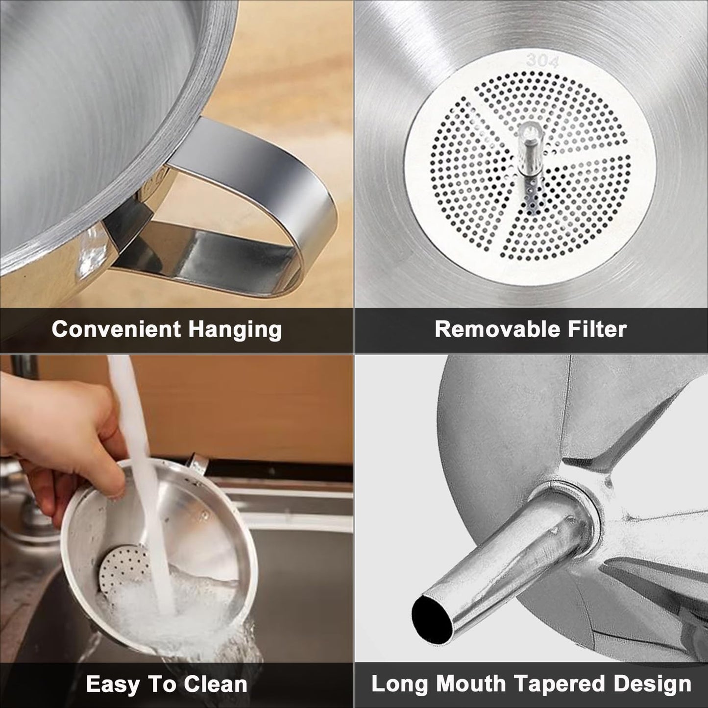 Lmoszuak Stainless Steel Funnels for Kitchen use,4PCS Kitchen Metal Funnel with 2 Removable Strainer,Cleaning Brush.Funnel for Filling Bottles,for Transferring of Liquid,Oils,Jam (5.1",3",2.2",1.8")