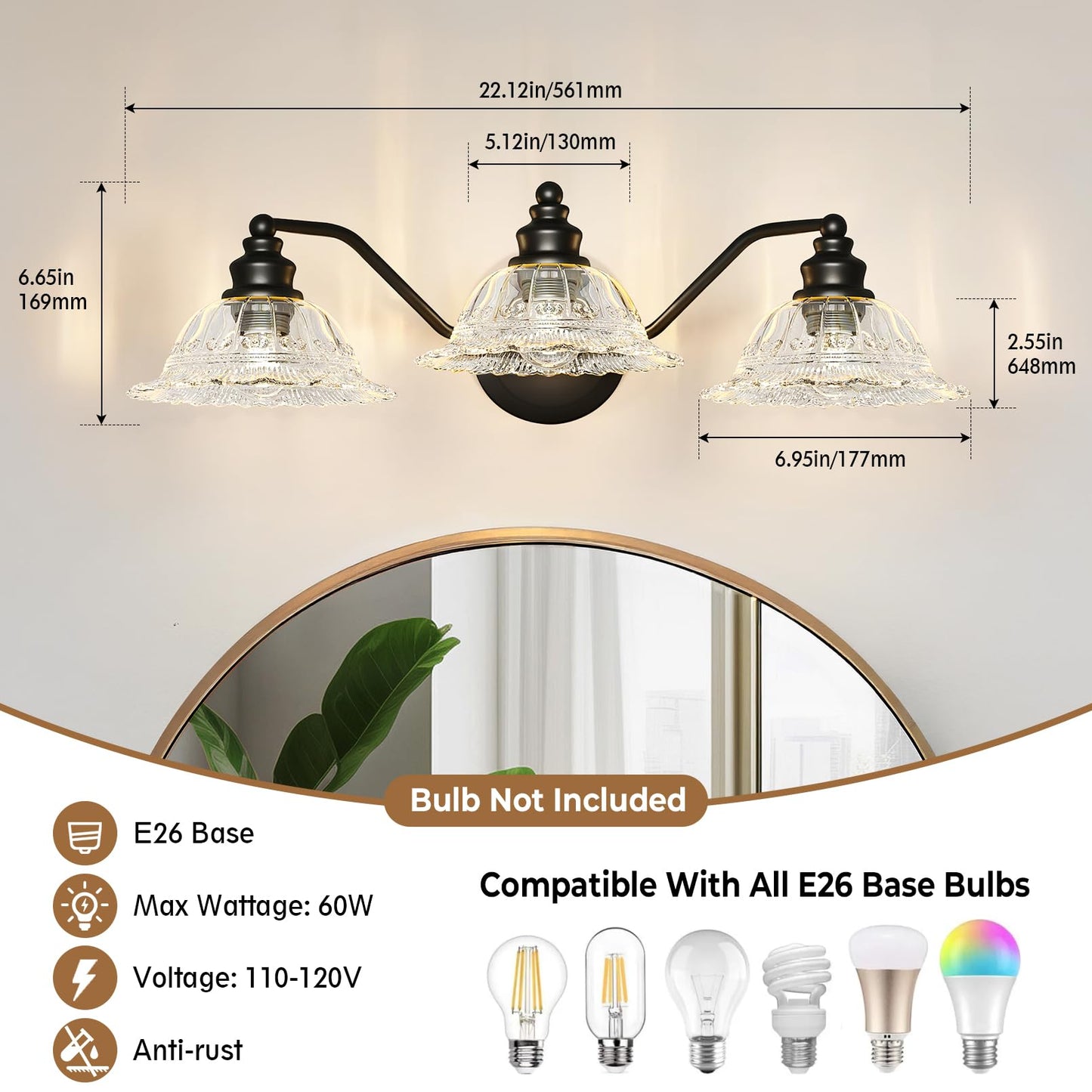 Redluck Vintage Bathroom Vanity Light Fixture, 3-Light Bathroom Lighting Fixtures Over Mirror, Matte Black Finish with Crystal Glass Shade, Wall Sconces Lighting for Bedroom, Living Room, Hallway