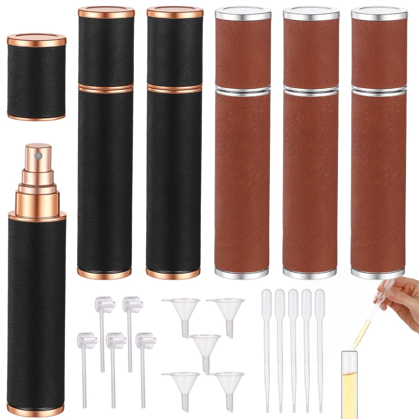 6 Pcs Leather Perfume Atomizer Travel Refillable - 10 ml / 0.34 oz Mini Cologne Spray Bottle, Portable Fragrance Empty Container with Dispensing Tools, Ideal for Travel Work Office (Black, Brown)