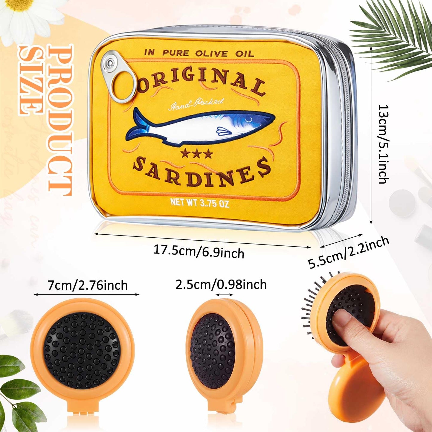 Reginary 2pcs Canned Sardines Makeup Bag + Mini Folding Hair Brush with Mirror, Tin Fish Kawaii Cosmetic Pouch, Cute Pencil Case, Waterproof Travel Toiletry Bag for Women, Party Favors, Gifts(Yellow)