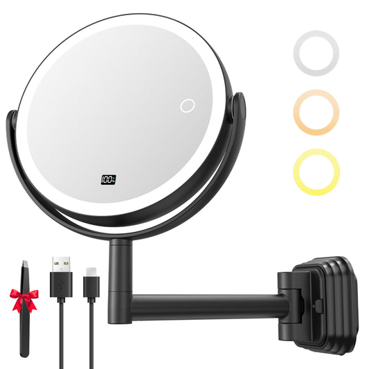 Auxmir No Drilling Wall Mounted Lighted Makeup Mirror, 7" 1X/30X Double Sided Magnifying Mirror with Light, Rechargeable Vanity Mirror with 3 Color Dimmable Lights & Display for Bathroom, Bedroom