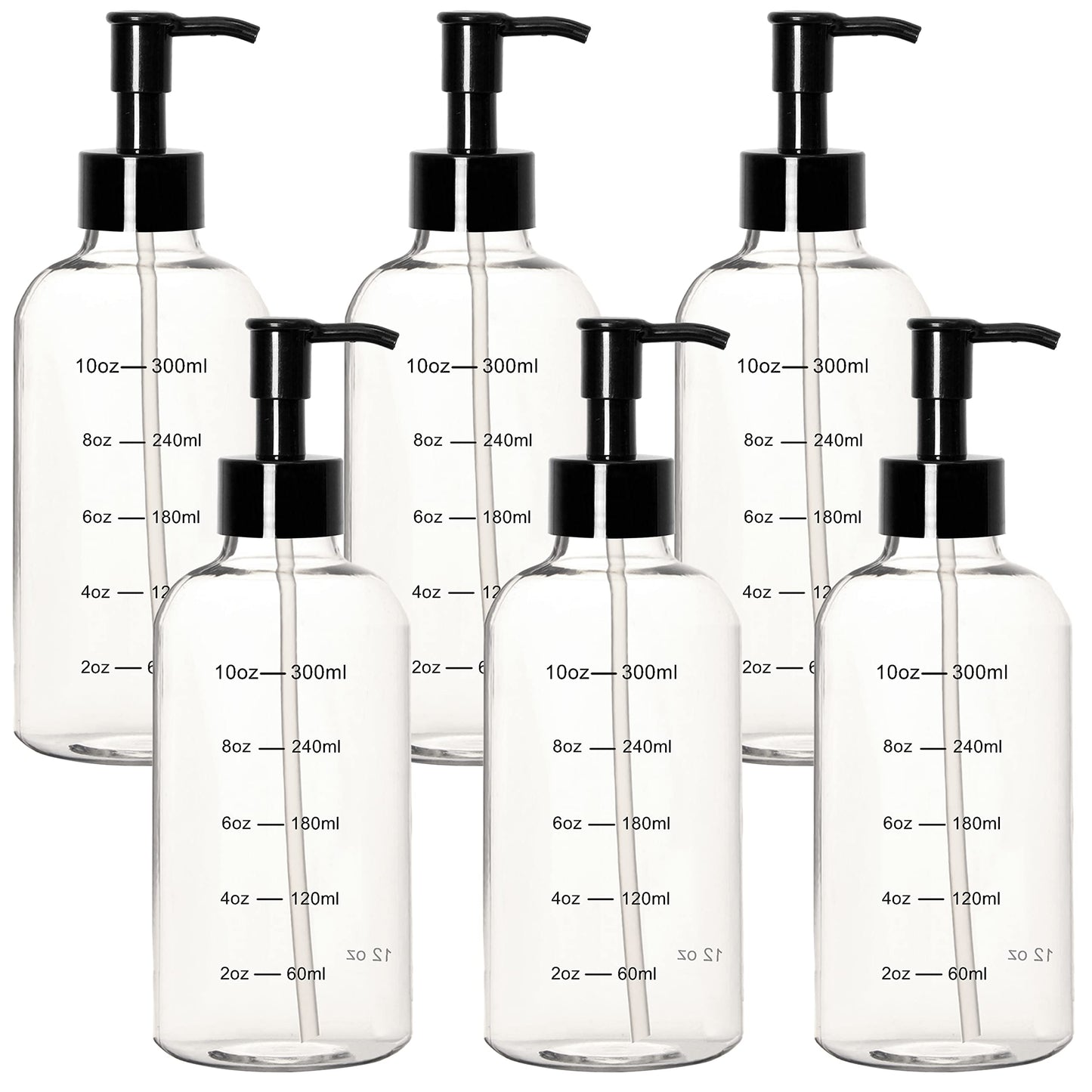 Youngever 6 Pack Plastic Pump Bottles, Clear Refillable Plastic Pump Bottles with Measurement and Travel Lock (12 Ounce)