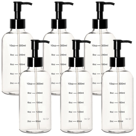 Youngever 6 Pack Plastic Pump Bottles, Clear Refillable Plastic Pump Bottles with Measurement and Travel Lock (12 Ounce)