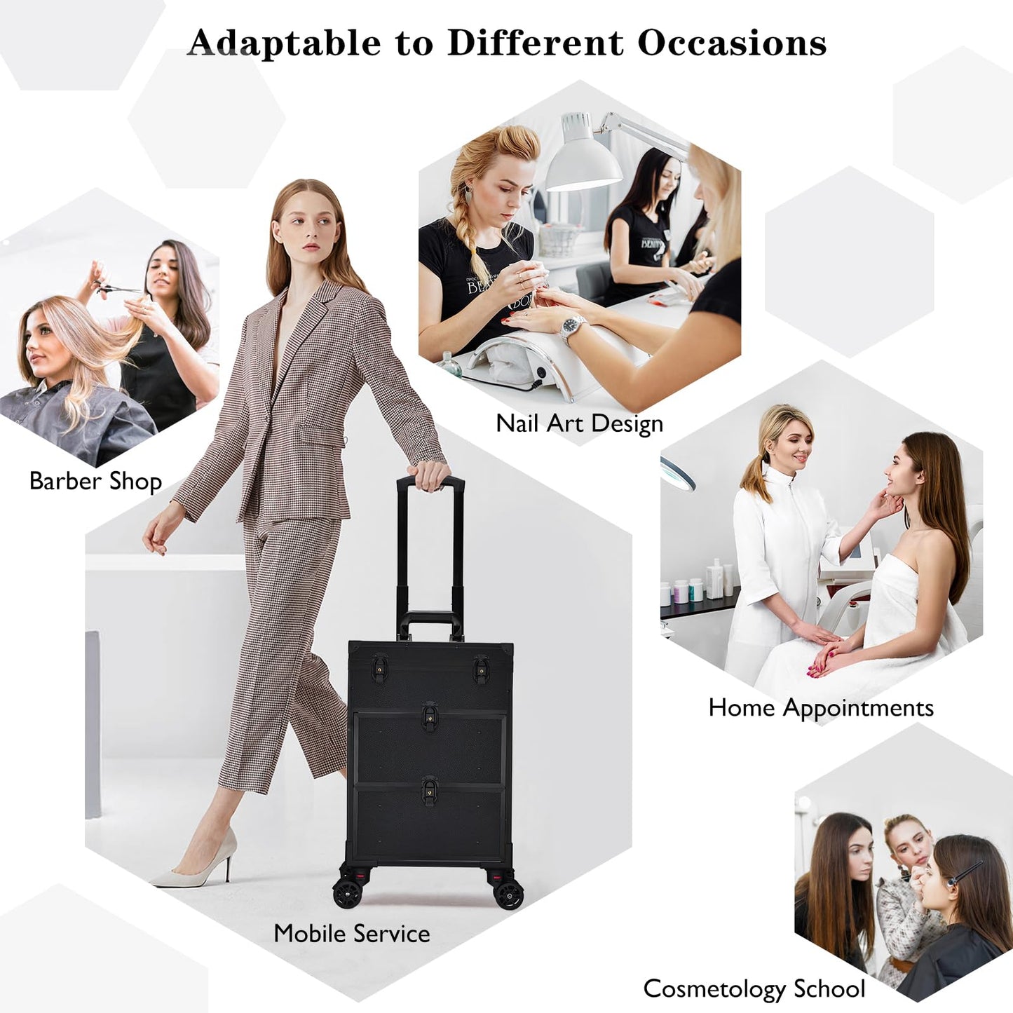 Faquenc Rolling Makeup Train Case with 2 Extra Large Drawers Nail Organizer Case with Wheels Traveling Cosmetology Case with Makeup Pouch for Mobile Stylist Artists Nail Salon Cart Trunk Black