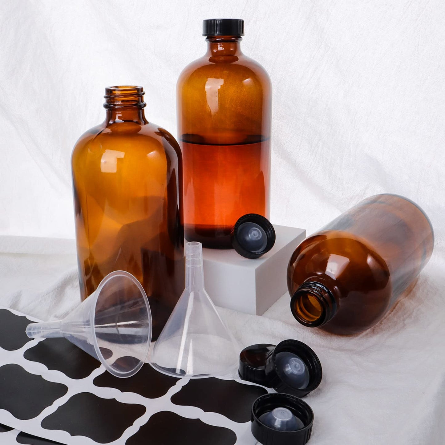 HWASHIN 12 Pack 16 oz Amber Boston Round Glass Bottles with Black Caps for Secondary Kombucha Fermentation and Lab Chemicals (2 Funnels and 20 Pieces Black Chalkboard Labels Included)