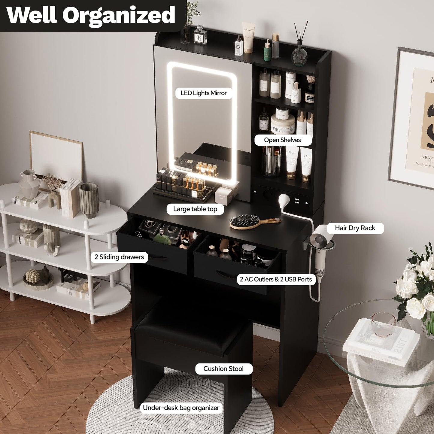 Black Makeup Vanity Desk with Mirror and Lights, Vanity Table Set with Charging Station, Dressing Table with Stool, 2 Drawers, Open Shelves, Power Outlets & USB Ports, Vanity Desk with RGB Cabinets