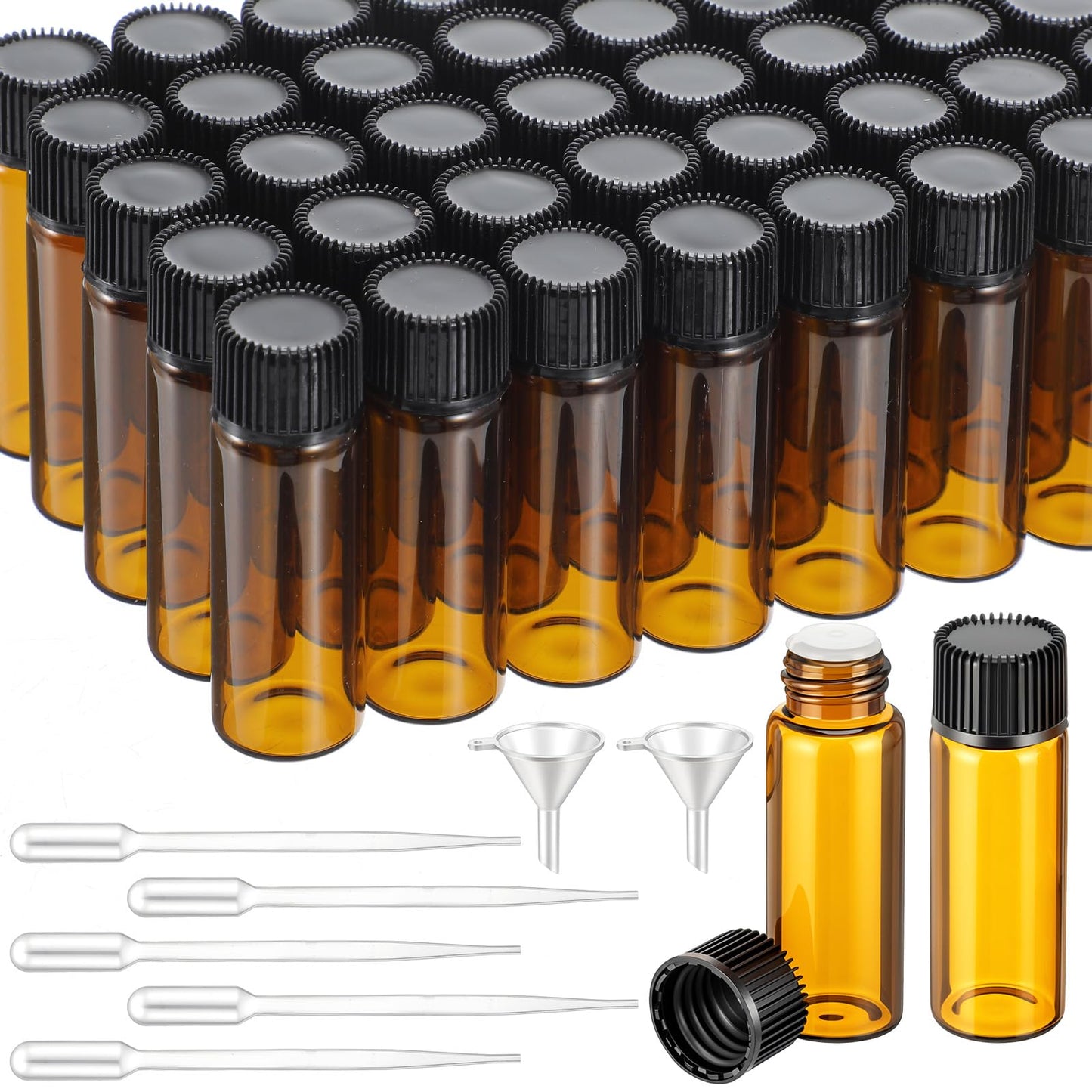kuyeyzu 150 Pcs Mini Oil Bottles 5ml Essential Oil Bottles Amber Glass Small Sample Bottle with Orifice Reducers Funnels Droppers for Travel Sample Storage