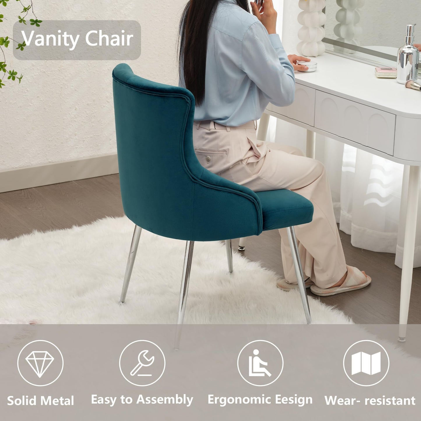 UDAX Velvet Vanity Chairs with Back, Upholstered Makeup Chair No Wheels with Metal Legs & Lumbar Pillow for Living Room/Makeup Room/Bedroom/Home Office/Kitchen