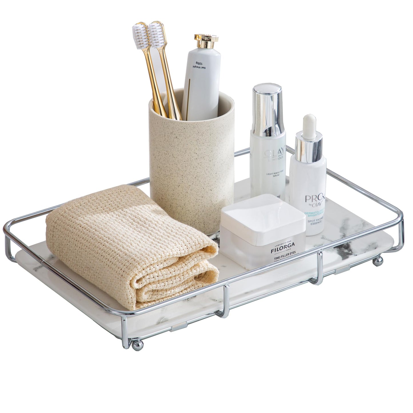 Dobbyby Vanity Tray Makeup Organizer Cosmetics Storage Bathroom Skincare Organizer Countertop Display Rack in Dresser Stainless Steel Shelf Marble Print Ceramic Trays