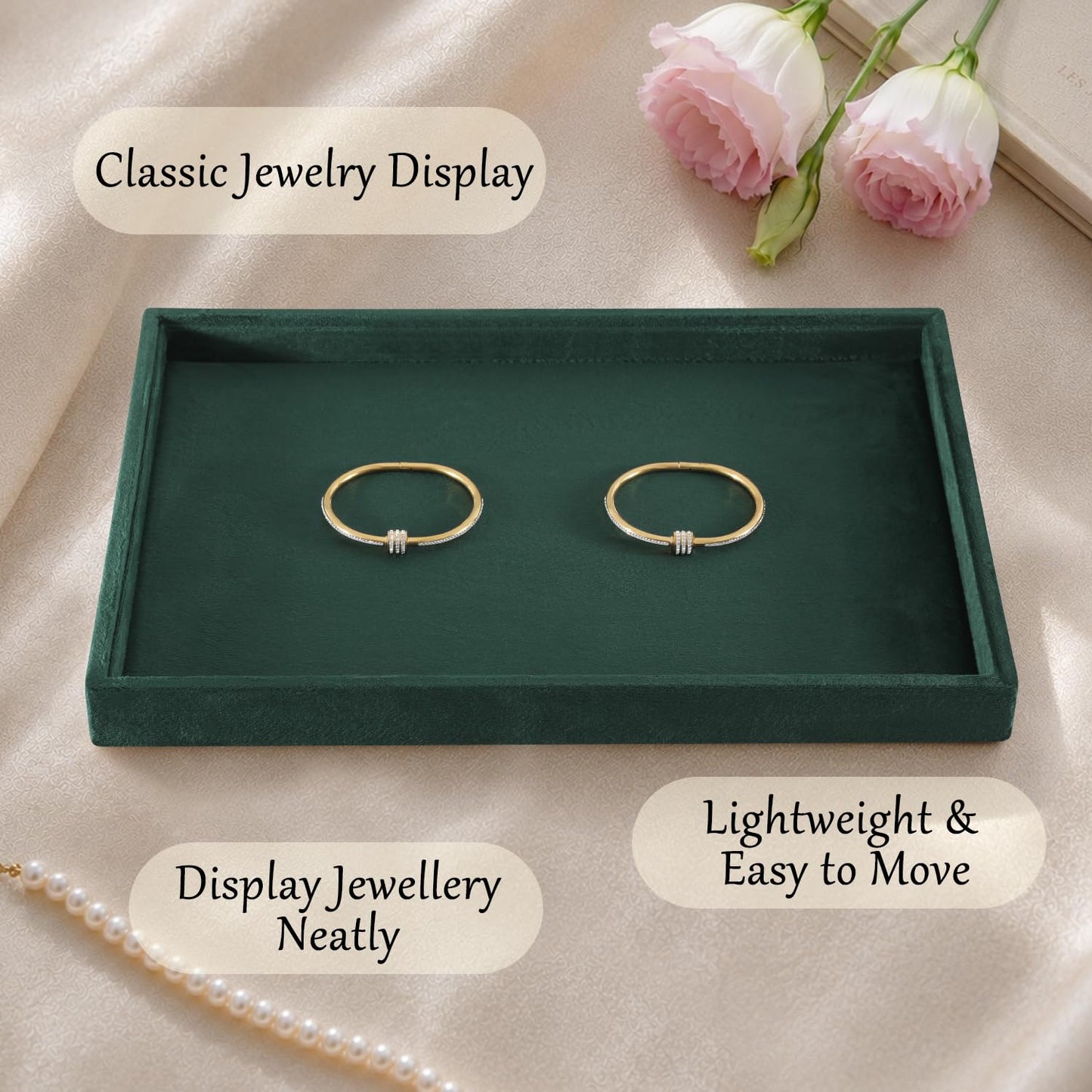 Dansmiy Velvet Jewelry Display Tray Stackable Organizer for Rings Earrings Necklaces Bracelets Pendants Jewelry Storage Tray for Drawer Countertop Showcase Display (Green)