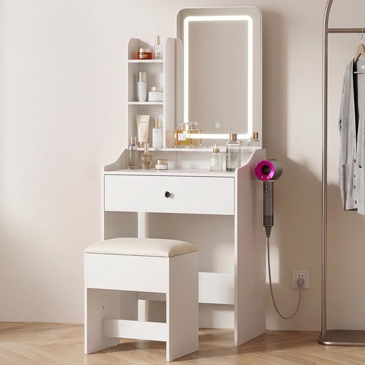 HAPPYMONT Small Vanity Desk with LED Light Mirror and Storage Bench, White