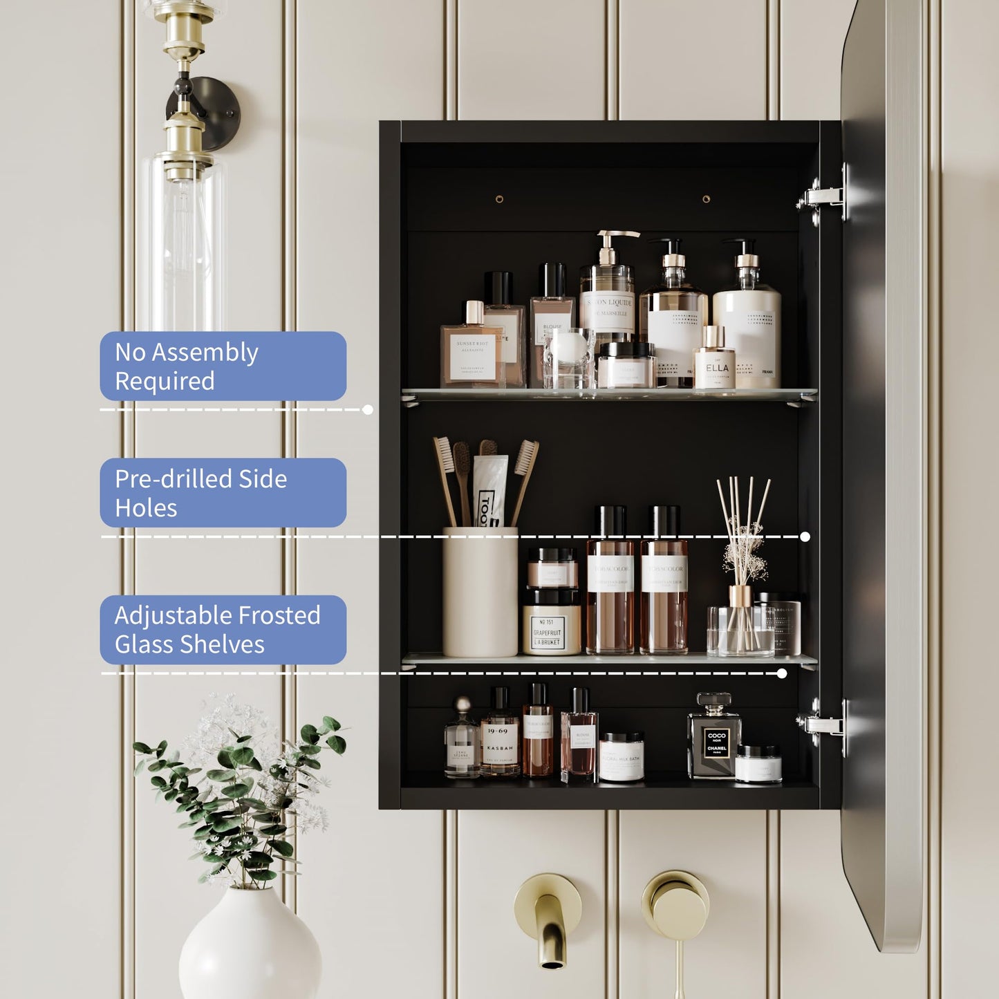 AGDULL Vintage-Style Bathroom Medicine Cabinet, Surface Mount or Recessed, Wood Wall Cabinet with Brushed Nickel Metal Frame Curved Mirror, Overall 16.5" W x 24" H