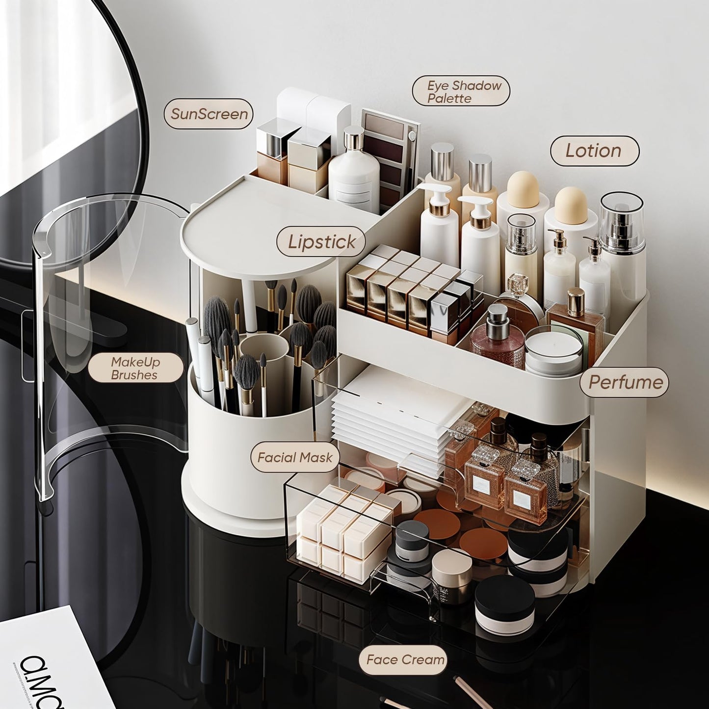 TIMBERHIDE Makeup Organizer,Rotating Cosmetic Storage Organizer with Drawers,Large Capacity Makeup Brush Holder,Skincare Vanity Organizer for Bathroom Countertop, White