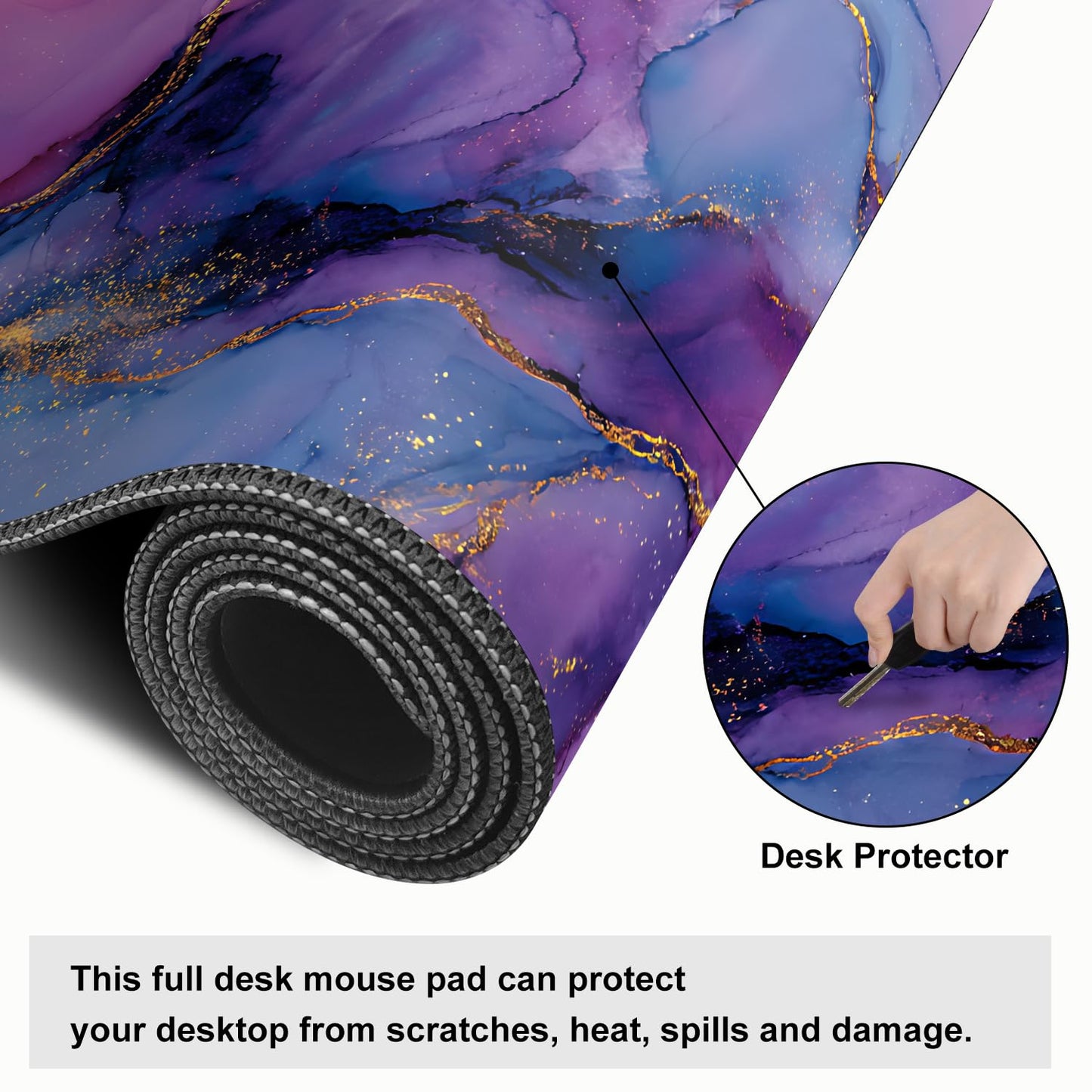 Purple Marble Ink Mouse Pad – Large Extended Desk Mat 31.5 x 11.8 in– Alcohol Ink Watercolor with Gold Vein Design, Non-Slip Base, Waterproof Surface, Aesthetic Keyboard & Mouse Pad