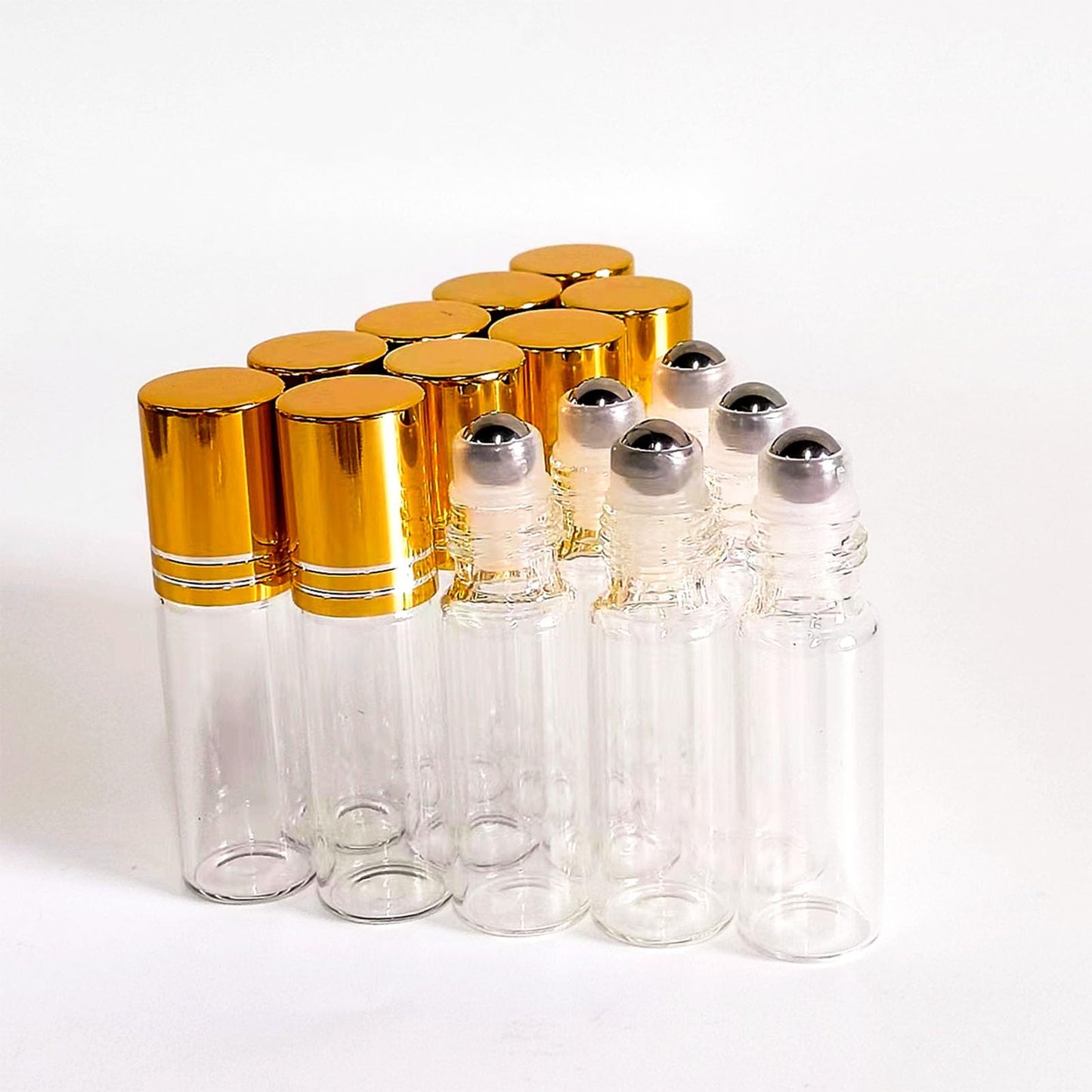 PYAWI 50 PCS 5ml Clear Glass Essential Oil Roller Bottles with Stainless Steel Roller Ball,Gold Caps,for Travel Perfume-2 Funnels, 2 Dropper, 1 Opener (5ml)