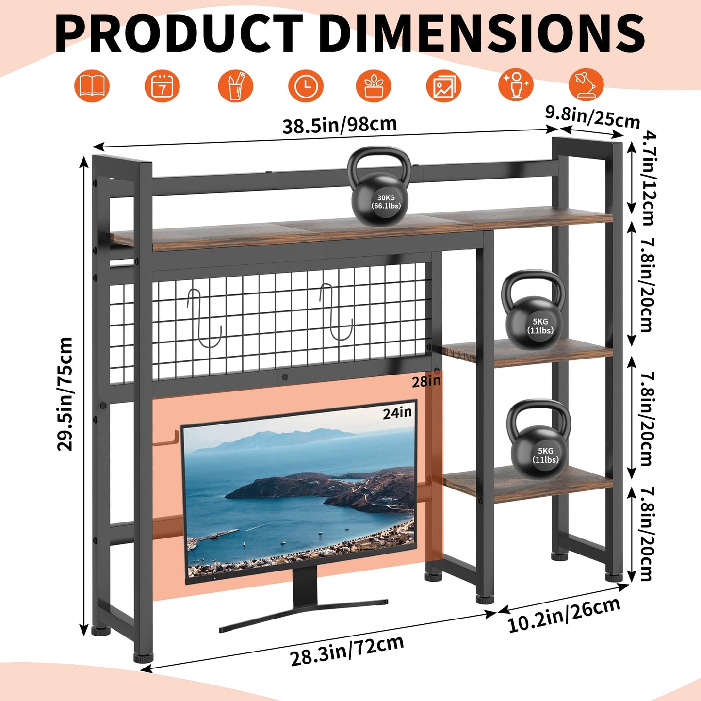 GYXZ Desktop Shelf, 38.5'' Desktop Organizer Shelf for Computer Monitor, 4 Tier Hutch Storage Rack for Home Office Dorm, Rustic Brown