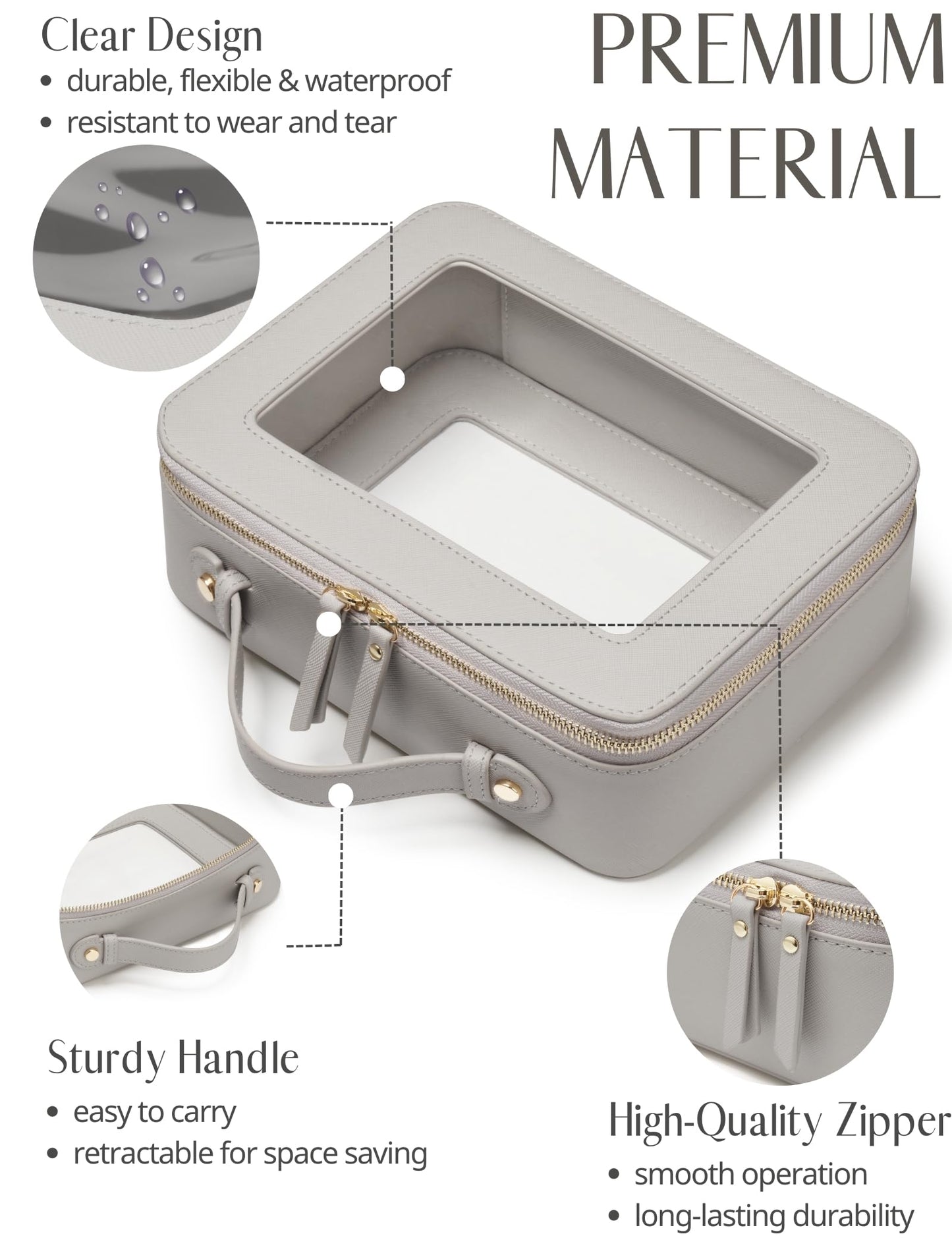 Popvibe Clear Makeup Bag Toiletry Case Travel Transparent Cosmetic Bag with Zipper, Portable Make Up Organizer Traveling Compact Car Bag for Essentials, Beige Grey