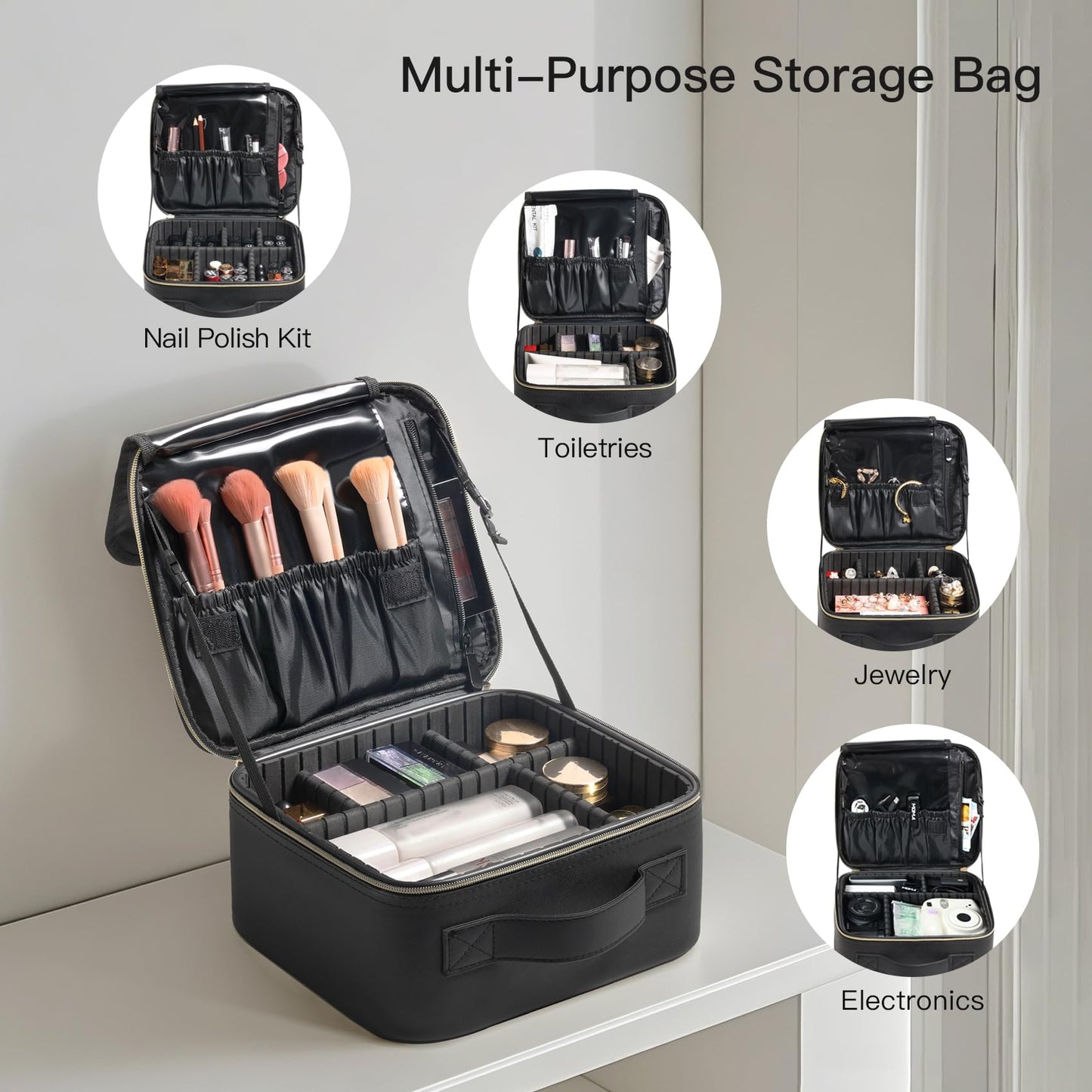 BEAUTY CASE Makeup Travel Case 10 Inch, Large Storage Capacity Makeup Organizer Travel Bag with Compartment, Portable Cosmetic Case for Women, Waterproof, Durable, Gift for Her, Black