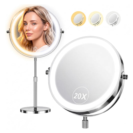 Dienmern Lighted Makeup Mirror, 1X/20X Double-Sided Magnifying Vanity Mirror with Lights, 360° Rotation, 5000mAh Rechargeable Adjustable Brightness with 3 Colors for Dorm, Living Room, Women Gift