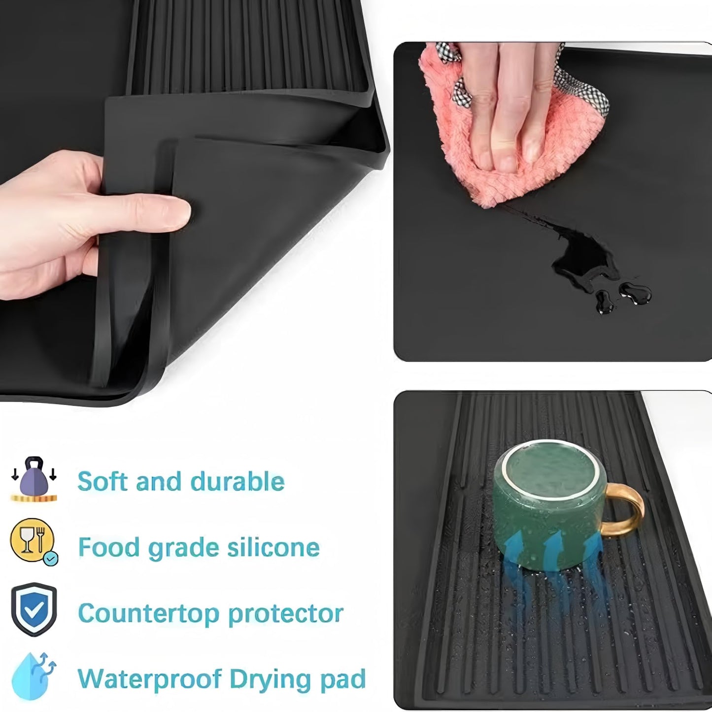 Silicone Coffee Mat, 24''x16'' Bar Mat with Detachable Dish Drying Mat,Non Slip Machine Pad,Fits Under Coffee Maker and Dish Rack,comes with a practical coffee mat cleaning brush(Black)