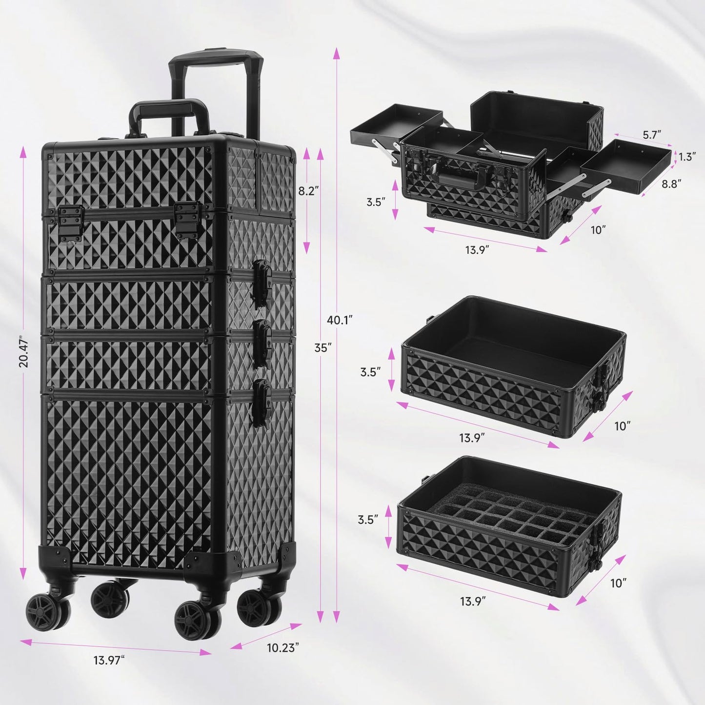 Leeora&Leekoo Portable Multi-Storey Nail Case for Nail Tech Organizer - Wheels Makeup Case Organizer, Cosmetic Case, Makeup Train Case, Make Up Case 8036(Black)