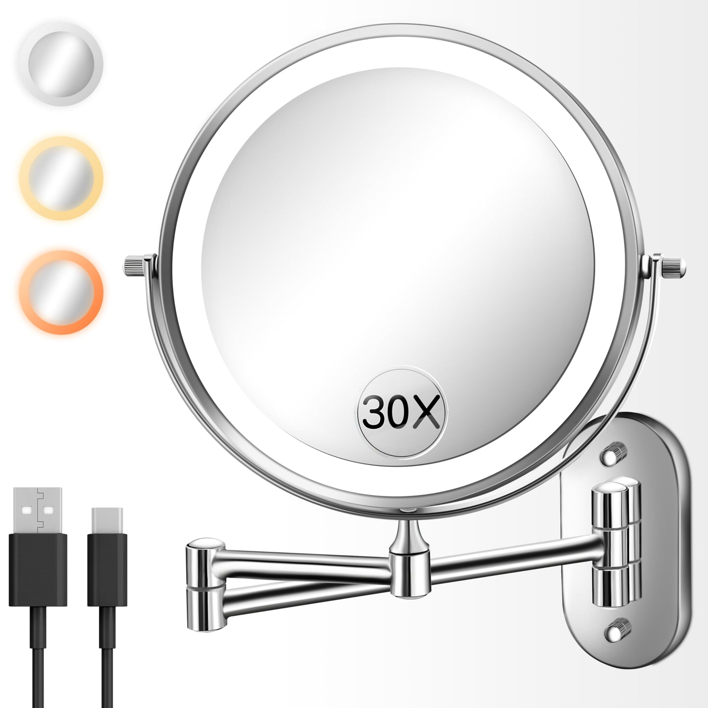 Wall Mounted Makeup Mirror with Light, 30X/1X 8'' Double Sided LED Magnifying Bathroom Lighted Vanity Mirror with Magnification, 3 Color Light up Touch Dimmable Extended Arm 360 Rotation