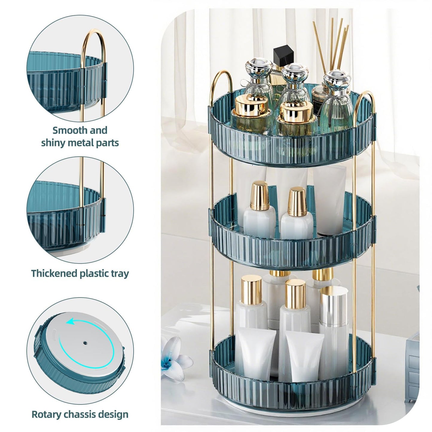 INVSSENE 360° Rotating Makeup Organizer, Bathroom Organizers and Storage Holder Rack, Large Capacity Vanity Shelf Countertop, Fits Cosmetics, Perfume, Skin Care(Blue, 3 Tiers)