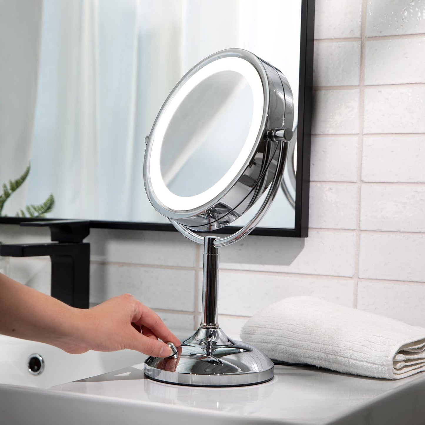 JERDON Lighted Tabletop Mirror with 10X/1X Magnification - LED Lighted Makeup Mirror with Multiple Light Settings in Chrome Finish - 8.5-Inch Diameter Vanity Mirror - Model JS8510BC
