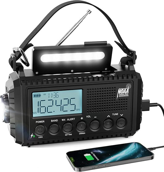 Raynic NOAA Weather Radio, 5000mAh/18500mWh Solar Hand Crank Emergency Radio, Battery Powered Portable Radio with AM/FM/SW/NOAA, Cell Phone Charger, Type-C Charging, Flashlight and SOS Siren