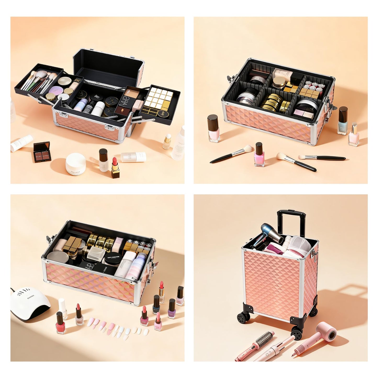 Professional Rolling Makeup Case, Cosmetology Case on Wheels 4 in 1 Large Cosmetic Train Case, Ideal Gift for Hairstylist, Nail Techs, Portable Beauty Organizer for Travel or Salon Use