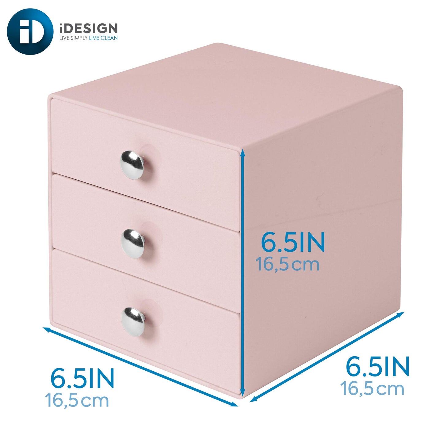 iDesign Plastic 3-Drawer Jewelry Box, Compact Storage Organization Drawers Set for Cosmetics, Dental Supplies, Hair Care, Bathroom, Office, Dorm, Desk, Countertop, 6.5" x 6.5" x 6.5", Pink