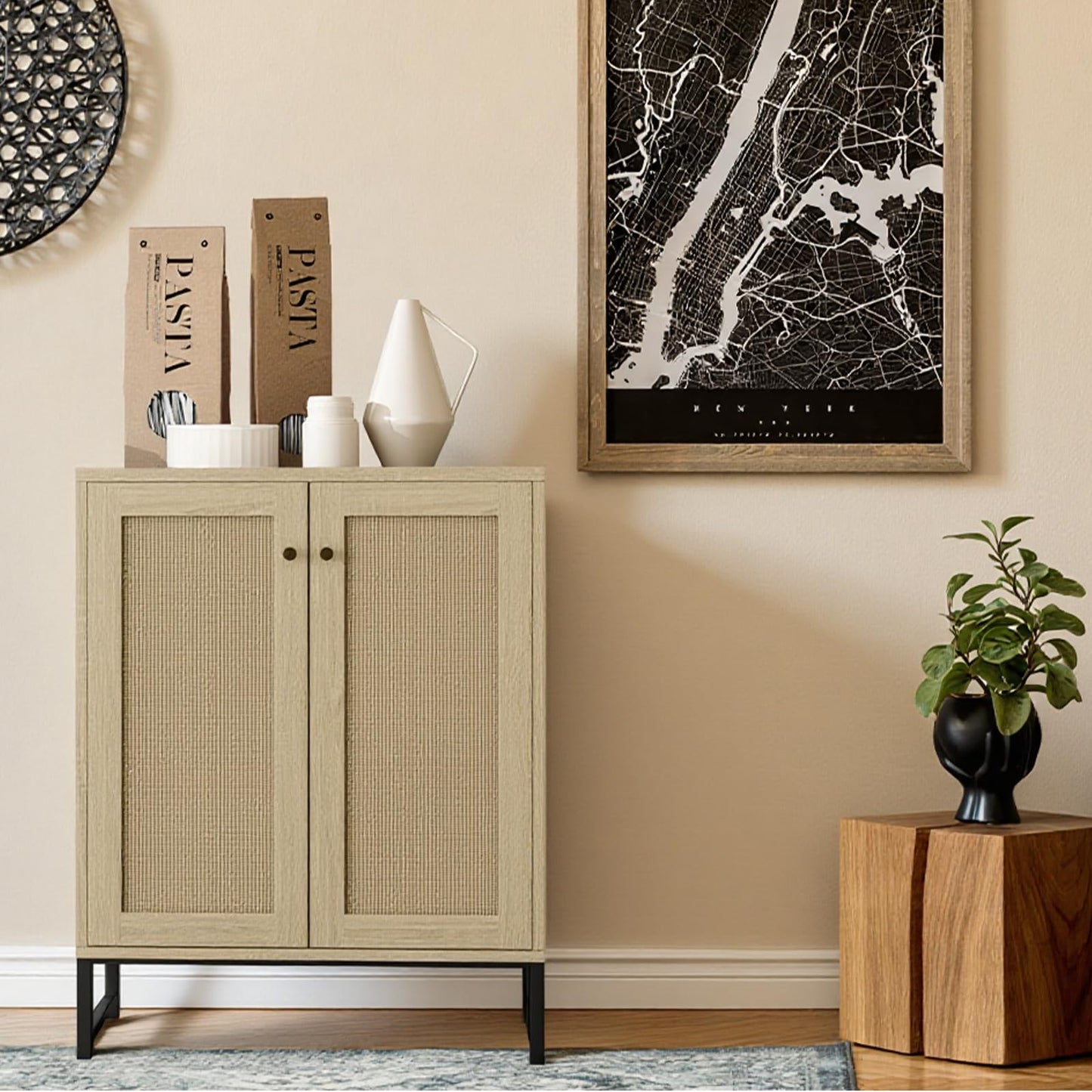Panana Rattan Decorated 2 Doors Storage Cabinet Accent Cabinet Living Room Cupboard Kitchen Sideboard Buffet Table (Natural)
