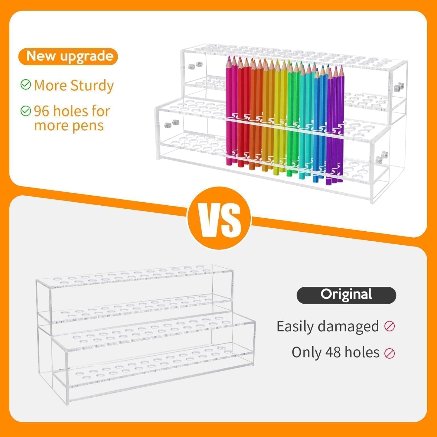 96-Slots Acrylic Pen Holder,2-Tier Pen Display Stand for Craft Shows,12mm Beadable Pens Stand Paint Brush Holder Pencil Organizer Makeup Brush Rack Art Brush Organizer for School Classroom Supplies