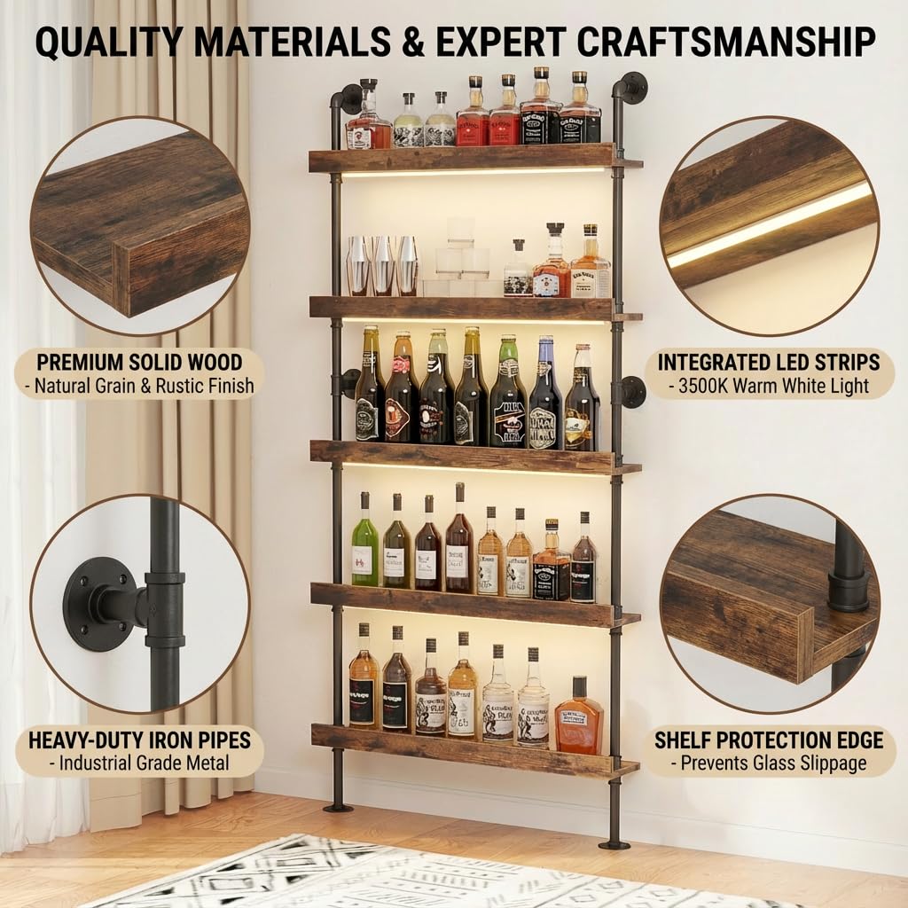 Woskar 5-Tier Wall Mounted Wine Rack with LED, Industrial Pipe Bar Shelf for Wine Bottle Storage, Industrial Pipe Shelves Shelf Shelving for Home Bar Dining Room Kitchen (24INCH-LED)