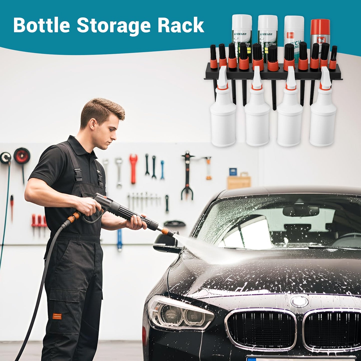 Rostationa Car Cleaning Brush and Spray Bottle Storage Rack, Air Tool Holder, Car Beauty Shop Accessory Display for Auto Repair Shops Garages, Garage and Workspace (1pc-Black)