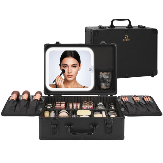 Relavel Makeup Case, Makeup Bag with LED Mirror Makeup Organizer Large Cosmetic Bags Travel Train Case for Women, Portable Vanity Makeup Box with Rechargeable Light up Mirror and Adjustable Dividers