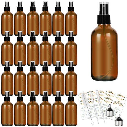 CycleMore 25 Pack 4oz Amber Glass Spray Bottles with Fine Mist Sprayers, Glass Travel Bottles for Cosmetic Essential Oils Cleaning Solutions Perfumes & More Liquids Ideal GIft