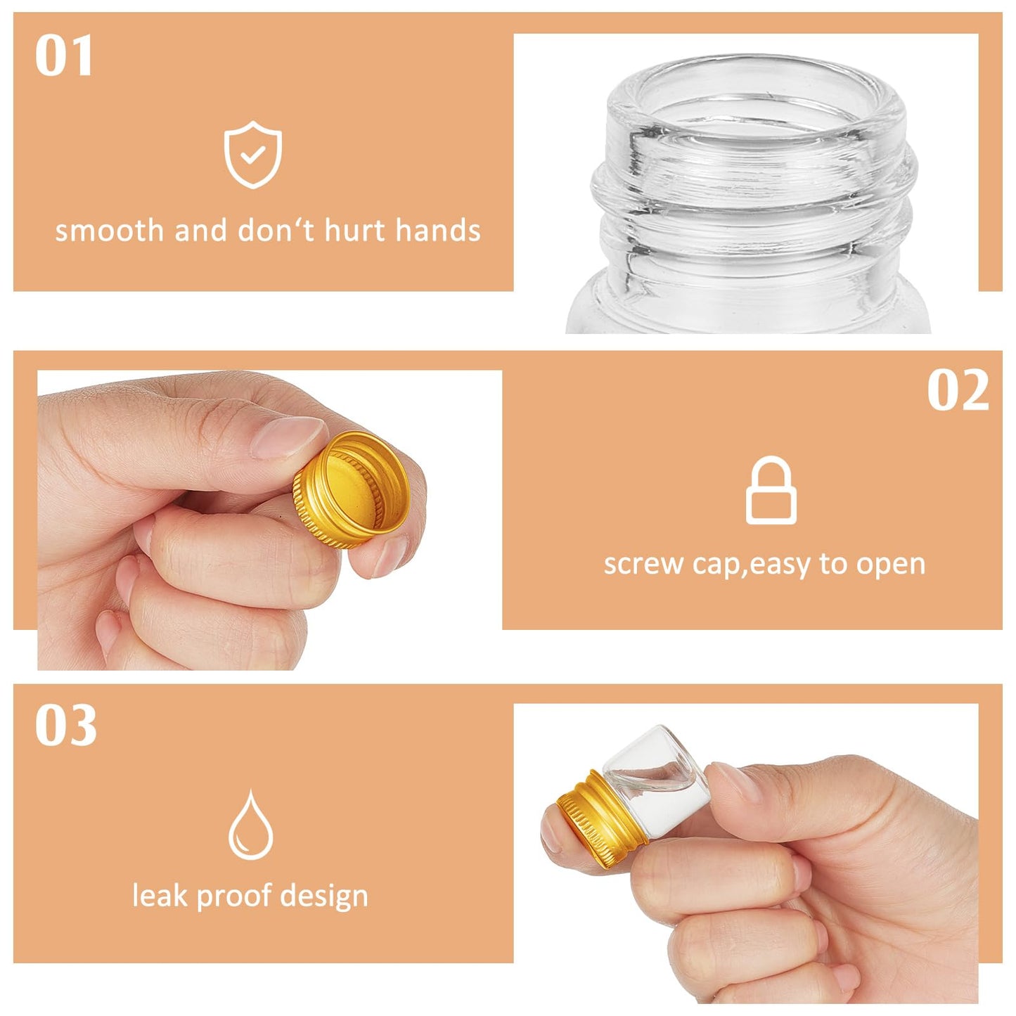 Tessco for you 200 Pcs 5 ml Mini Glass Bottles with Aluminum Cap Tiny Jars Mini Glass Jars Small Clear Vials with Screw Caps Tiny Containers for DIY Craft Storage (Gold)