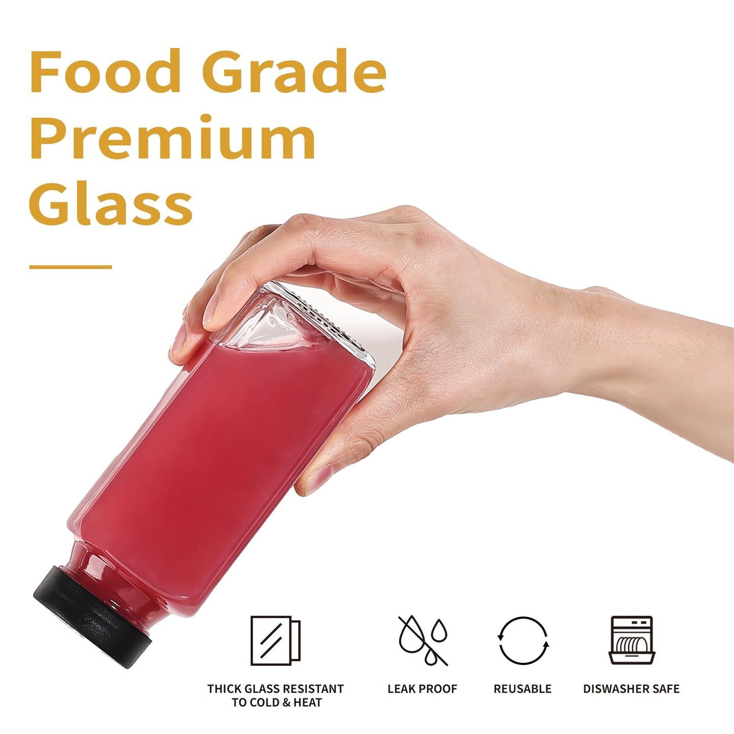 Glxgow 8 Pack 8 oz Glass Juice Bottles with Lids & Labels, Reusable Travel Juice Storage Containers, Clear Glass Drink Jars for Juicing, Water, Ginger, Wellness Shots - Leakproof, Dishwasher Safe