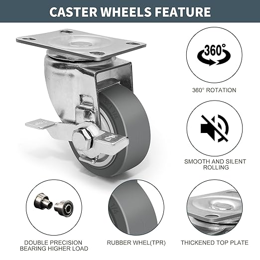 3 Inch Caster Wheels, Rubber Wheels Silent Castor- Set of 4 Heavy Duty Caster Wheels with Brake 1200Lbs, Industrial Plate Casters Wheels for Cart Furniture Workbench (2 Brake & 2 Rigid)