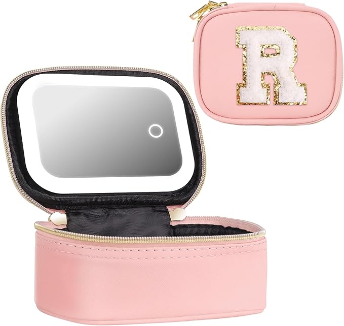 Mini Initial Makeup Bag With Led Mirror With Lights Gifts For Women Girls, Small Makeup Box For Travel Gift, Cosmetic Bag Make Up Organizer Personalized Bags Birthday Christmas Gifts For Womens (R)