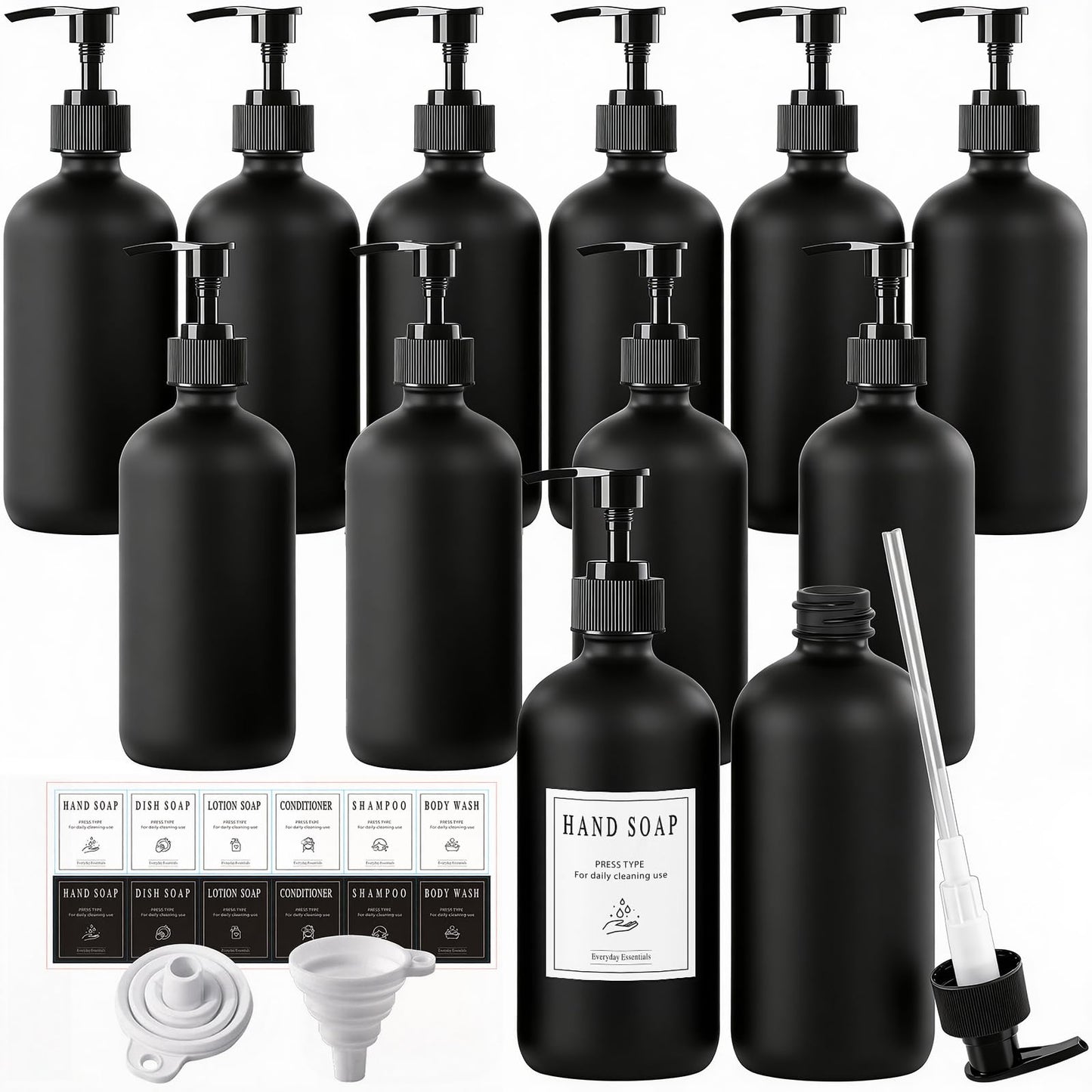 TBWIND 12 Pack 16oz Black Glass Soap Dispenser Bottles with Pumps, Refillable Glass Bottles for Shampoo, Conditioner & Lotion, Ideal for Bathroom, Kitchen, Waterproof Labels & Funnels Included