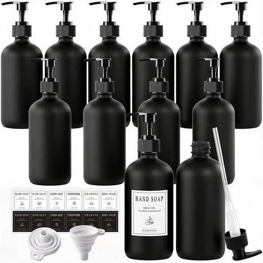 TBWIND 12 Pack 16oz Black Glass Soap Dispenser Bottles with Pumps, Refillable Glass Bottles for Shampoo, Conditioner & Lotion, Ideal for Bathroom, Kitchen, Waterproof Labels & Funnels Included