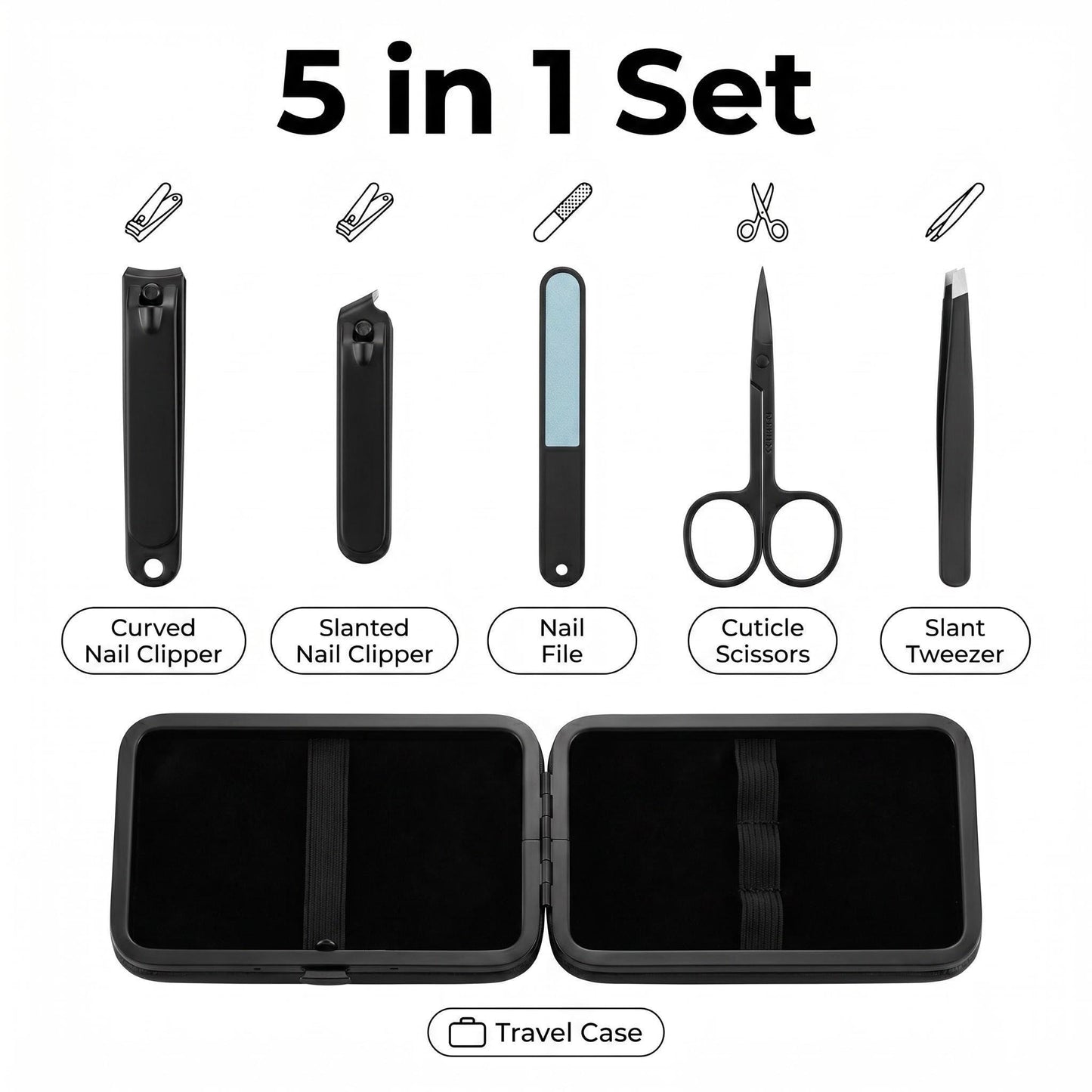 5 in 1 Manicure Set, Anti-Rust Stainless Steel Kit w/Nail Clipper, Precision-Cut Scissors, Nail File & Slant Tweezers, PU Mini Pocket Travel Gift for Men Women Home Salon