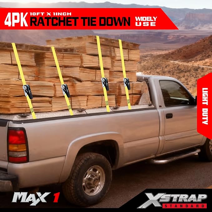 XSTRAP STANDARD Ratchet Tie Down Straps 4 Pk 10 Ft- 300 Lbs Load Cap- 900 Lbs Break Strength-Cargo Straps for UTV, ATV, Pickup,Truck, Moving Appliances, Lawn Equipment, Yellow