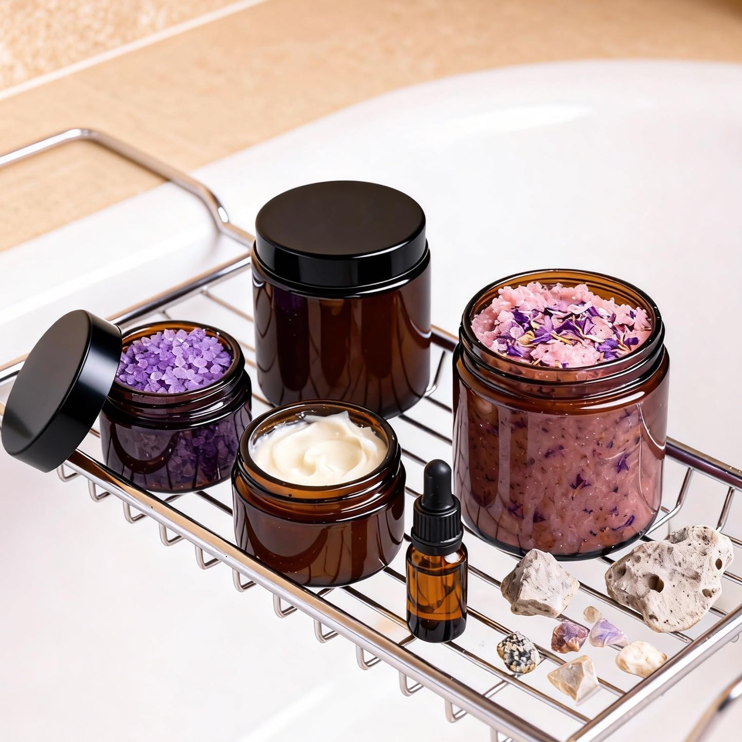 Amber Glass Jars with Lids, Hoa Kinh Total 16Pack 8oz 4oz, 2oz and 1oz Glass Jars with Lids Empty Cosmetic Containers Round Airtight Glass Jar with Inner Liners and Lid for Storing Lotions, Powders