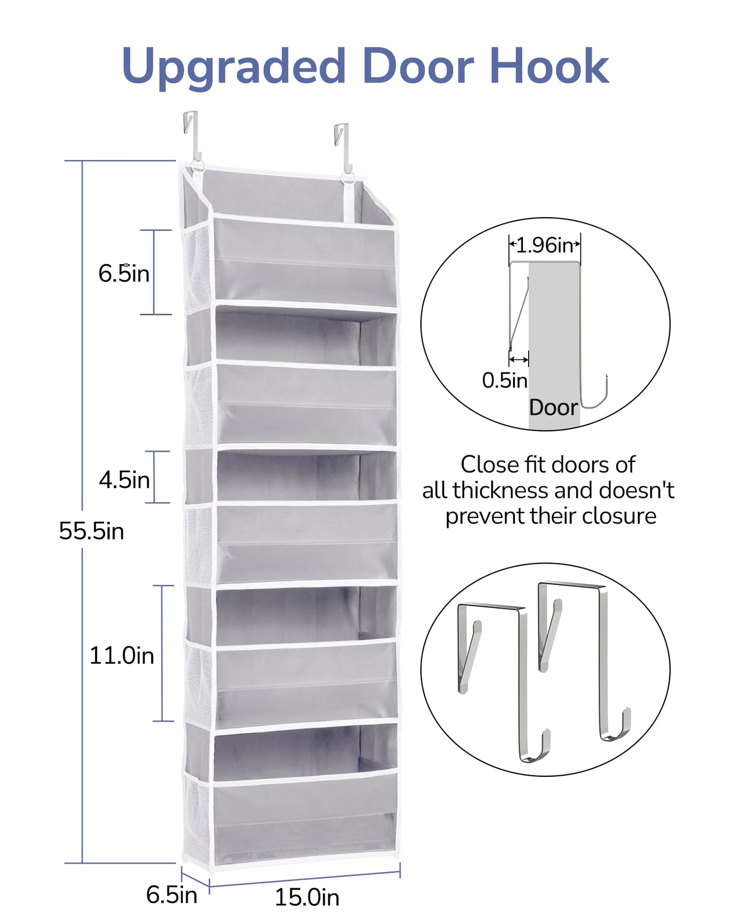 ULG 1 Pack Over Door Organizer with 5 Large Pockets 10 Mesh Side Pockets, 44 lbs Weight Capacity Hanging Storage Organizer with Clear Window for Kids Toys, Shoes, Diapers, Grey, 5 Layer
